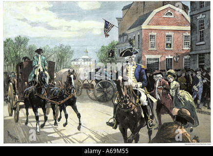 Busy New York City the day of George Washington inauguration at Federal Hall on Wall Street 1789. Hand-colored woodcut Stock Photo