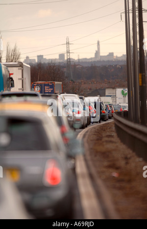 MOTORISTS LEAVE THEIR CARS IN A TRAFFIC JAM FOLLOWING A POLICE INCIDENT ON THE M6 NORTH OF BIRMINGHAM UK Stock Photo