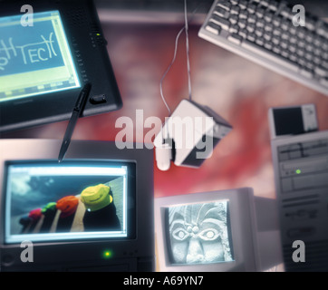 VDA77243 Computers Still Life Of Laptops Computer Screens Mouse And Keyboard Stock Photo