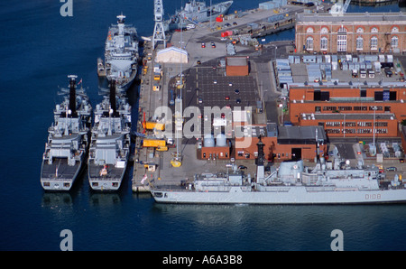Aerial View of British Naval Base Portsmouth UK showing Type 42 Destroyer HMS Cardiff Type 23 Frigates Grafton Marlborough July Stock Photo