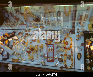 Display of amber jewellery, ul Mariacka (St Mary's Street), Gdansk, Pomerania, Poland. Stock Photo