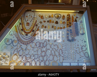 Display of amber jewellery, ul Mariacka (St Mary's Street), Gdansk (Danzig), Pomerania, Poland. Stock Photo