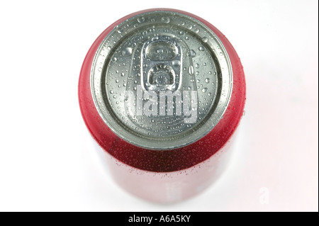 Can of soda with water drops macro isolated on white Stock Photo
