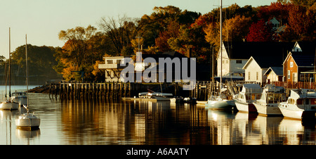 Morning in the harbor at Camden on the Southern Maine coastline seen in a panoramic view Stock Photo