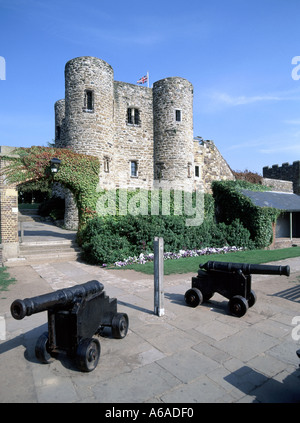 Rye castle museum known as Ypres Tower a Grade I Historic listed building two old historical canon guns sunny blue sky day in East Sussex England UK Stock Photo