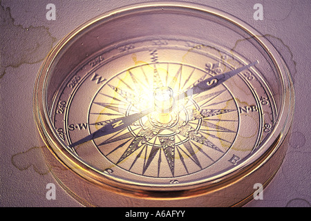 Antique style compass collage with stained paper and embossing effect Stock Photo