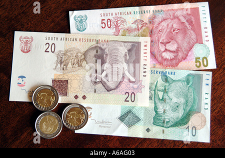 cash and banknotes of South Africa RSA new rand coins and notes Stock Photo