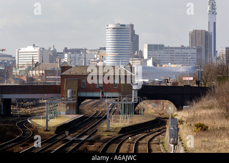 The city centre of Birmingham seen from Tyseley to the east showing the Rotunda the BT Tower and Selfridges Stock Photo