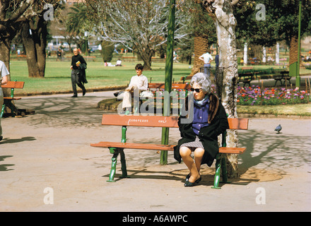 Elderly white lady sitting on EUROPEANS ONLY park bench in Joubert Park in Johannesburg South Africa Taken in 1973 Stock Photo