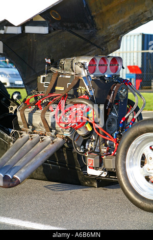 Massive V8 supercharged drag racing engine as seen in an Australian Funny Car Stock Photo