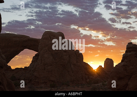 Sunrise over South Window from Turret Arch Arches National Park Utah USA