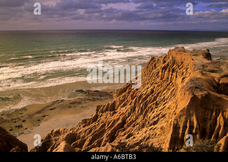 Eroded bluffs and the Pacific Ocean from Razor Point in Torrey Pines State Reserve San Diego County California USA Stock Photo