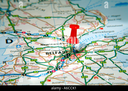 Map Pin pointing to Belfast , Northern Ireland on a road map Stock Photo