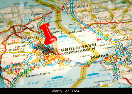 Map Pin pointing to Copenhagen , Denmark on a road map Stock Photo