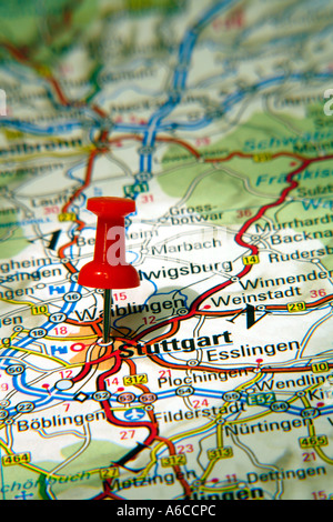 Map Pin pointing to Stuttgart , Germany , on a road map Stock Photo - Alamy