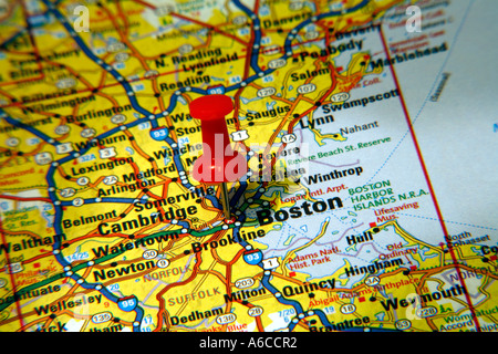 Map Pin pointing to Boston , Massachusetts , USA , on a road map Stock ...