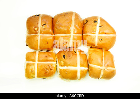 Half a Dozen Hot Cross Buns on white background Stock Photo