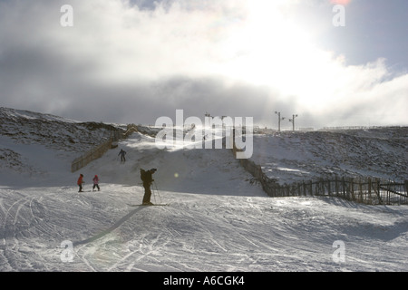 Skiing Resort Sunnyside; Ski run winter snows, Spittal of Glen Shee, Braemar, Cairngorms National Park, Aberdeenshire, Scotland. Stock Photo