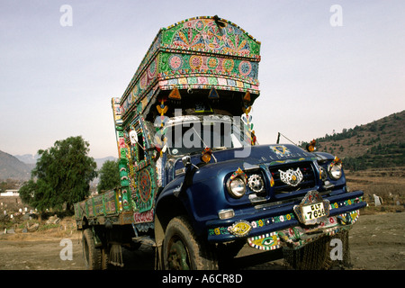 Pakistan Swat Valley decorated Bedford truck on hillside near Mingora Stock Photo