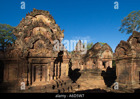 Hindu temples in the inner enclosure of Banteay Srei in red sandstone at Angkor Wat Siem Reap Cambodia Stock Photo