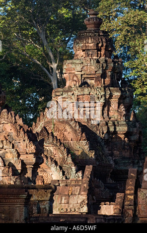 Bas relief of the West Gopura in the inner enclosure of Banteay Srei at Angkor Wat Siem Reap Cambodia Stock Photo