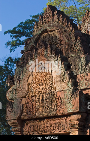 Bas relief of the West Gopura in the inner enclosure of Banteay Srei at Angkor Wat Siem Reap Cambodia Stock Photo