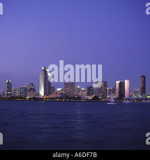 Dusk view of San Diego with city lights from Coronado Island Southern California United States of America U S A in 2003 Stock Photo