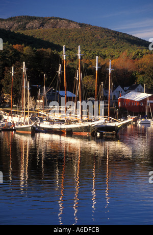 Maine Camden harbor wooden schooners Mount Battie in distance Stock Photo