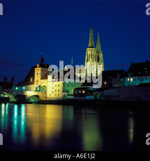 Regensburg upon the river Danube Upper Palatinate Bavaria Germany from the Danube island Oberer Wöhrd Woehrd across the river Stock Photo