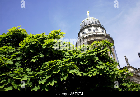 French cathedral with maple tree on the gendarme market square in Berlin center.
