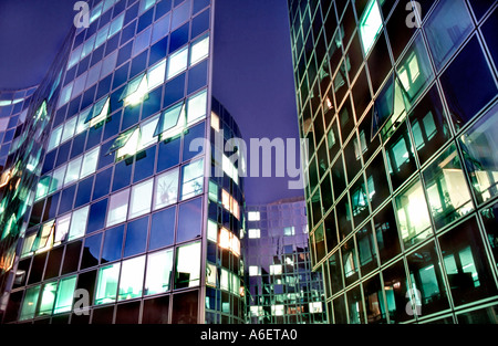 Commercial Architecture, Office Building, Lights at Night in Paris France, Business Center, La Defense, working at night, Office front windows, Stock Photo