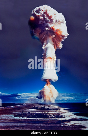 Mushroom of a nuclear bomb explosion over Mururoa atoll, French Polynesia, Pacific Ocean Stock Photo