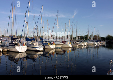 Moored yachts in a line, Chichester Marina, Sussex Stock Photo