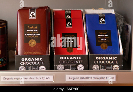 Traidcraft organic chocolate bars fairtrade products on sale in Bristol England UK Stock Photo