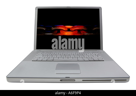 LAP TOP NOTE BOOK COMPUTER DISPLAYING IMAGE OF HOT GLOWING METAL CHAIN LINKS ON SCREEN Stock Photo