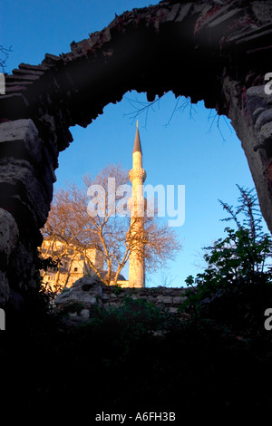 Minaret seen through the window hole of the Byzantine Bucoleon Palace Istanbul Turkey Stock Photo