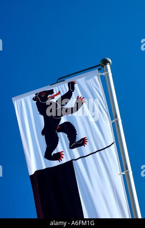 Banner of Swiss canton Appenzell Innerrhoden against a clear blue sky Stock Photo