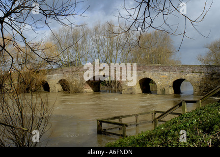 Pershore Old Bridge, Worcestershire. Stone bridge dates from 1413 over the River Avon. Receeding floodwater Stock Photo