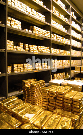 Gold bars in a bank vault NYC Stock Photo