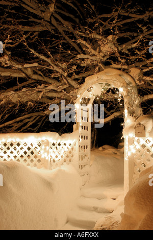 Night Christmas lights snow trellis Mt Shasta California Stock Photo