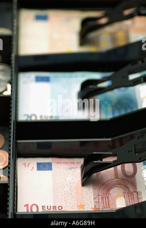 Cash Register Full of Euro Notes and Coins Stock Photo