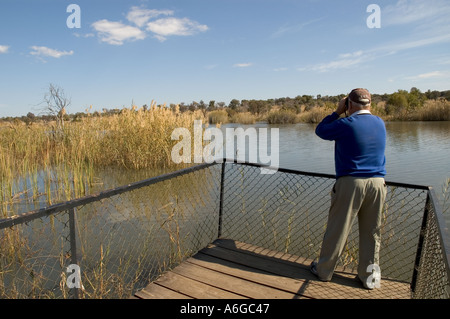 South Africa Limpopo Mabula near Warmbaths game park visitor at hipopotamus lake observing with binoculars Stock Photo