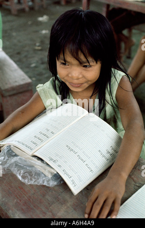 Shipibo Indian girl at school in village on shores of Ucayali River Peru Shipibo language belongs to the Panoan family Stock Photo