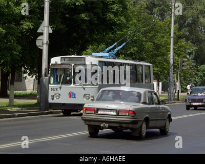 Traffic including cars and trolley bus on Sovetskaya Street Gomel Belarus Stock Photo