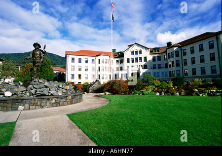 The Prospector statue and Alaska Pioneers Home.Sitka.Alaska.USA Stock Photo