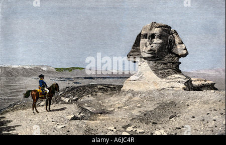 Napoleon and the Sphinx during the French invasion of Egypt 1798. Hand-colored woodcut of a Gerome painting Stock Photo