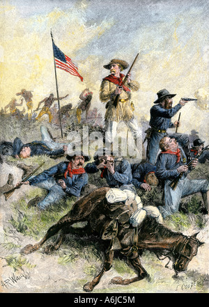 Custers last stand at the Little Big Horn River Montana 1876. Hand-colored woodcut