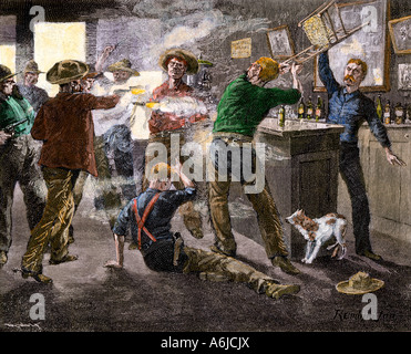 Saloon brawl in a western cattle town in the late 1800s. Hand-colored woodcut of a Frederic Remington illustration Stock Photo