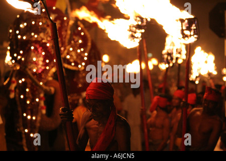 Torch bearers and an elephant in the great Kandy Esala Perahera   festival in Kandy, Sri Lanka Stock Photo