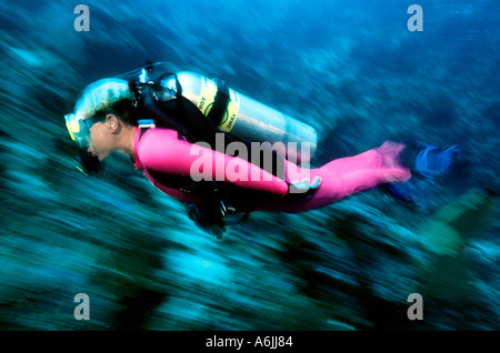 Female diver in pink wetsuite slow motion Pacific Ocean Stock Photo